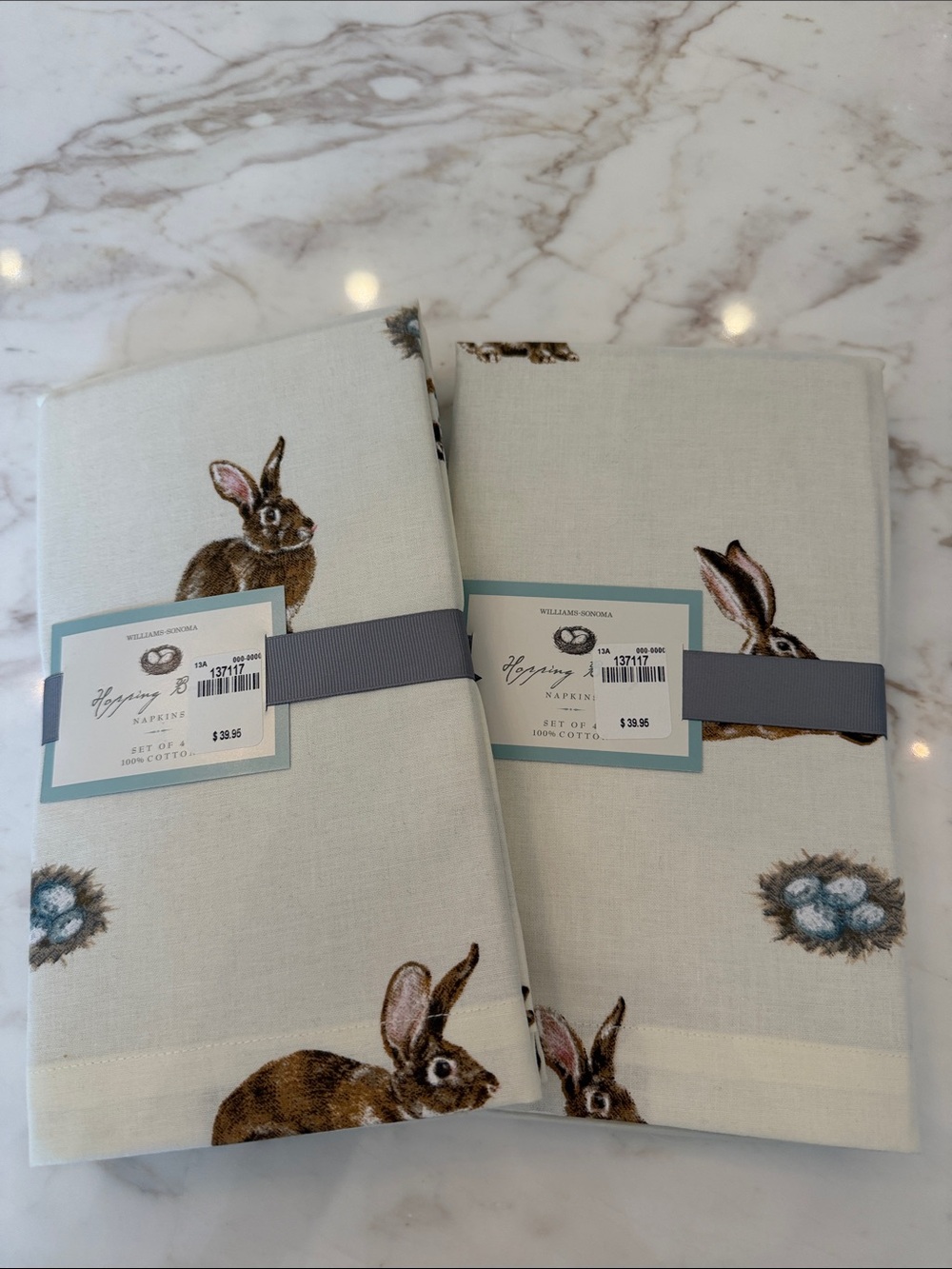 Williams Sonoma White Bunny Print Cotton Napkins - 2 Sets of 4, 8 total